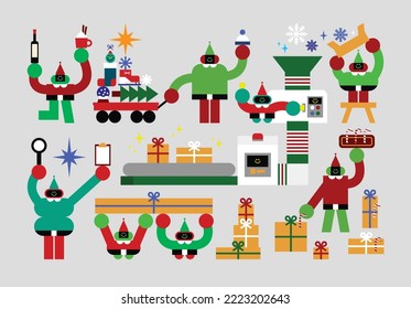 Set of Elf Humanoids in the Christmas Gift Factory Flat Geometric Character Design