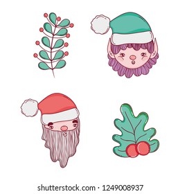 set elf with santa claus and branches leaves