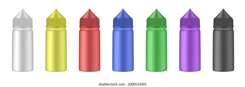 Set of e-liquid bottles for vaping. Vape liquid droppers	

