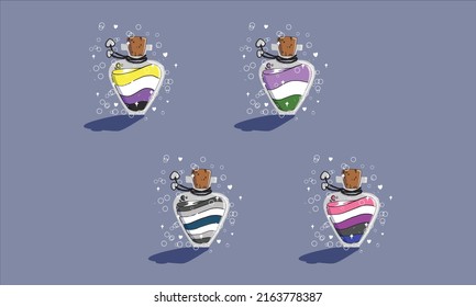 set of elixir, potion bottle designs of gender pride flags. nonbinary, genderqueer, genderfluid, gray gender hand-drawn fantasy bottles