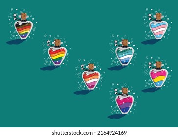 conjunto de elixir, diseños de botellas de poción de banderas del orgullo LGBTQ. bandera arco iris, bandera arco iris de POC, botellas de fantasía dibujadas a mano por lesbianas, gays, bisexuales, trans, pan