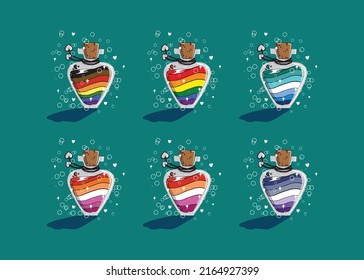 set elixir  potion bottle designs LGBTQ pride flags  rainbow flag  POC rainbow flag  lesbian  gay  gay male  butch lesbian  queer hand  drawn fantasy bottles