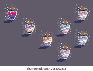 set of elixir, potion bottle designs of LGBTQ  Bi pride flags. Bisexual, biromantic, bigender, bigender  woman leaning, bigender man leaning, queer hand-drawn fantasy bottles