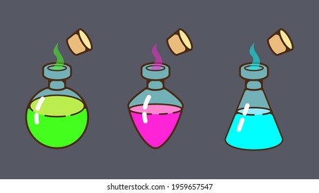 A set of elixirs in different bottles. Isolated vector image in eps format.