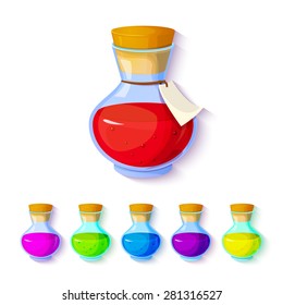 Set of elixirs, icon of the game equipment, bottle with multi-colored liquid, vector illustration