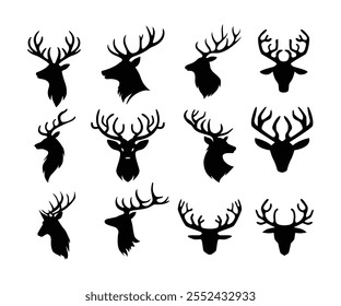 Set of elk head silhouette icon set collection, deer head silhouette symbol sign, Horned elk or stag icon, isolated on white background, vector illustration. abstract animal logo, fauna wildlife.