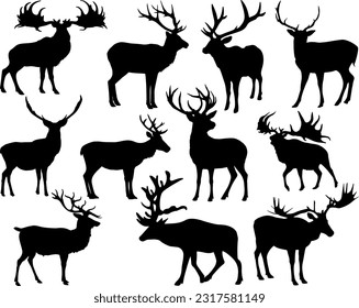 Set of Elk Silhouette, Deer, Moose