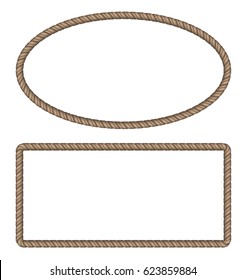 Set of ellipse and rectangle rope border. Cord vector frame. Isolated on white background. Graphic design element for wedding invitations, baby shower, birthday card, scrapbooking etc.