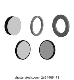 Set of ellipses in black and white. Geometric shapes with soft shadows. Vector style.