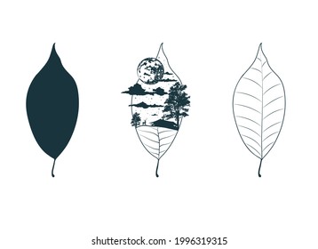 Set of elm leaf silhouette, outline and mystical design. Celestial leaves with mountain, clouds, moon and forest.