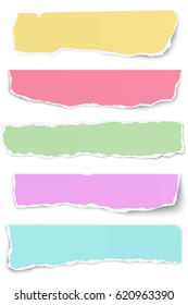 Set of elongated tattered different colors paper scraps isolated on white background
