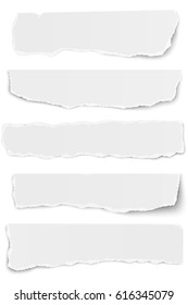 Set of elongated tattered paper scraps isolated on white background