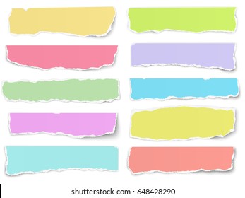 Set of elongated torn color paper fragments isolated on white