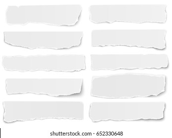 Set of elongated torn paper fragments isolated on white background
