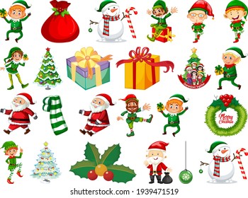 Set of Elves cartoon character and Christmas objects isolated on white background illustration