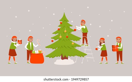 A set of elves decorating the Christmas tree and preparing gifts for Christmas. Christmas card with gifts and spruce. A boy hangs a toy from a spruce branch. Flat vector illustration.