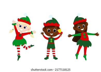 Set of elves jumping and having fun in cartoon style isolated on white background. Children are dressed in traditional red and green clothes. Christmas character design.