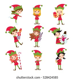 Set of elves kids cartoon character. Vector icons isolated on white background.