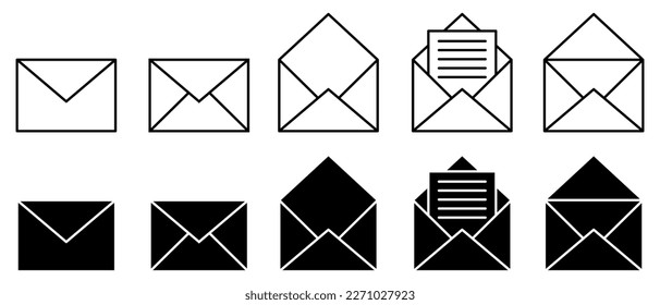 Juego de iconos de correo electrónico. Ilustración de sobres aislada en fondo blanco