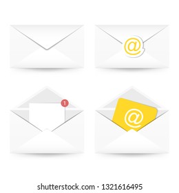 Set of email icon. Envelope with paper sheet, plain mail, with a stamp. Vector illustration.
