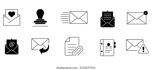 Conjunto de estilo de línea de icono de correo electrónico. Iconos del email fijados con diverso diseño negro del Vector. Incluyendo correo electrónico, postal, bandeja de entrada, correo, sobres, etc. Colección de iconos lineales de correo electrónico y cartas. Ilustración vectorial