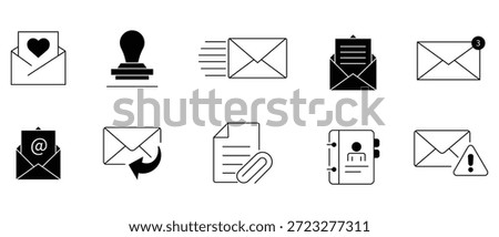 Set of e-mail icon line style. Email icons set with different black vector design. Including email, postal, inbox, mail, envelope ets. Collection of E-mail and letter linear icons. Vector illustration