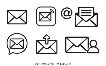 A set of email icons in black outline style isolated on transparent background.