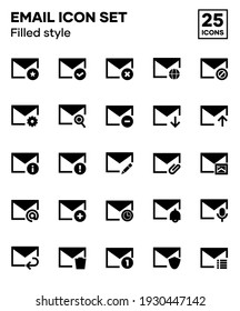 Set email icons with filled styles, including email sending, receiving, composing, and inbox. Editable vector icons