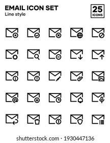 Set email icons with line styles, including email sending, receiving, composing, and inbox. Editable vector icons