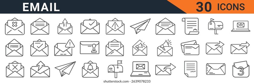 set of email icons for marketing and communication. the icons include message, mail, send, receive, inbox, outbox, alert, paper, document, letter, envelope, notification, address, contact.