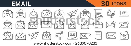 set of email icons for marketing and communication. the icons include message, mail, send, receive, inbox, outbox, alert, paper, document, letter, envelope, notification, address, contact.