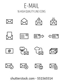 Set of e-mail icons in modern thin line style. High quality black outline communication symbols for web site design and mobile apps. Simple linear mail pictograms on a white background.