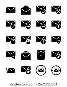 Conjunto de ícones de e-mail que representam várias ações, configurações e status em um aplicativo de mensagens