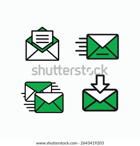 A set of email icons showing different actions like sending receiving and opening messages. The icons are green and white and are isolated on a white background. These are great for illustrating email