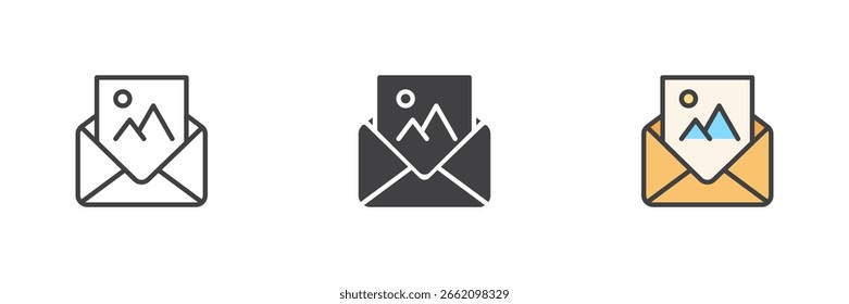 Set of email with image attachment icon in line, glyph and colorful filled outline style. Features envelope with landscape photo image symbol. Email icon for attachments.