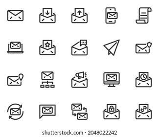 set of email line icons, envelope, sending, communication