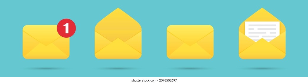 Conjunto de iconos de sobre de mensajes de correo electrónico en un diseño plano