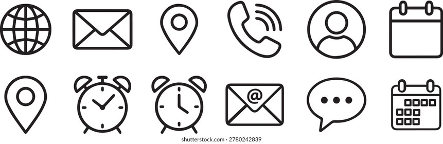 Set of Email, Phone, Location, Time, Clock, Date, Calendar icons. Web and contact icon set. simple black style symbol sign for apps and website, vector illustration. See Less.
