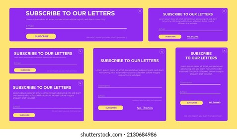 Set Of Email Subscribe Newsletter Pop Up Template Design. Submit Form For Website Email Letter Banner.