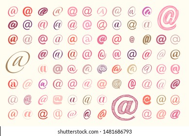 Set of email symbol monkey or at. Vector illustration icons in different styles isolated for graphic and web design.  