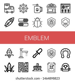 Set of emblem icons such as Van, Surfboard, Helm, Shawarma, Coffee mug, Antivirus, Candy shop, Pizza, Shield, Spaceship, Rocket, Faucet, Maze, Chisel, Ice cream shop , emblem