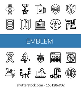 Set of emblem icons. Such as View, Ribs, Medal, Flag, Coffee mug, Ice cream shop, Shield, Oyster, Protection, Swastika, Ribbon, Mountain, Spaceship, Seesaw, Raspberries , emblem icons