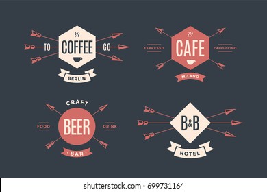 Set of emblem, label and design elements for hotel, cafe, pub and beer bar in vintage retro style. Logo, signs, labels, identity and badges for business brands. Vector Illustration