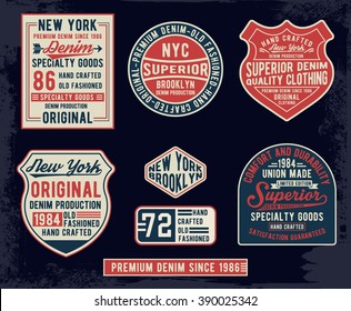 Set of emblem, labels denim typography, t-shirt graphics, vectors