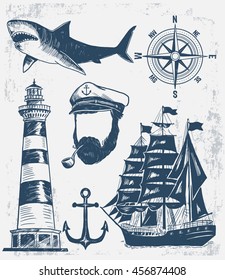 Set of emblem, labels marine typography, t-shirt graphics, vectors

