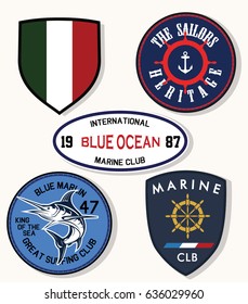 Set of emblem, labels marine typography, t-shirt graphics, vectors