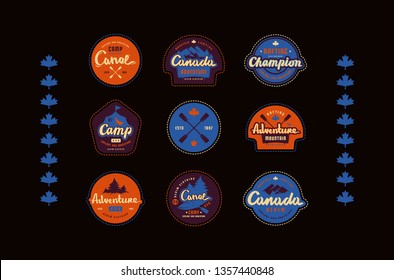 Set of emblem and logo for clothing patch. Graphic design on the theme of camping, hiking, rafting, tourism and active lifestyle. Color print on black background