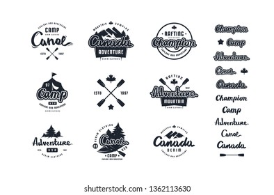 Set of emblem and logo for t-shirt. Graphic design on the theme of camping, hiking, rafting, tourism and active lifestyle. Isolated on white background