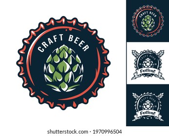 Set of emblem with metal cork from bottle. Craft beer cap for design of pub or bar