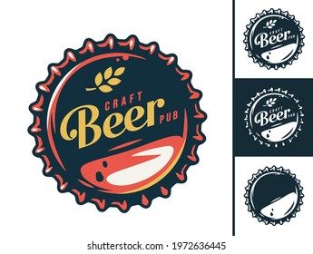 Set of emblem with metal cork from bottle. Craft beer cap for design of pub or bar